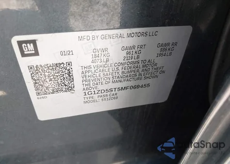 2021 Chevrolet Malibu Lt из США, поврежденный, VIN 1G1ZD5ST5MF069455